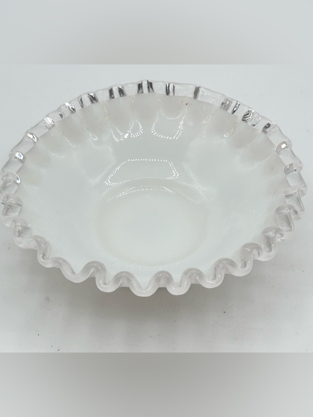 Vintage Fenton Silver Crest Milk Glass Crimped Bowl 5”